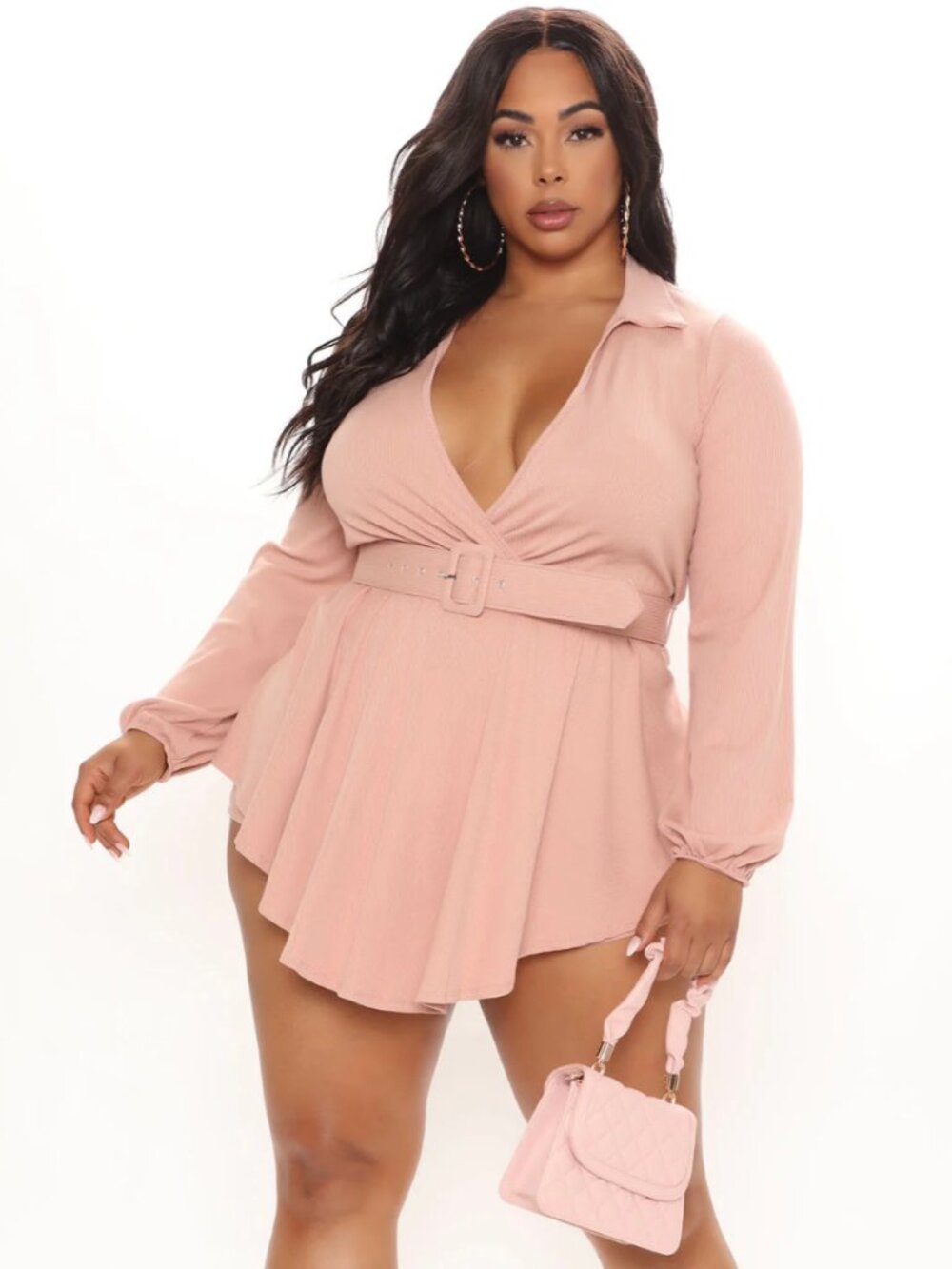 FASHION NOVA Dusty Rose Pink Ribbed Long-Sleeve Wrap-Style Skort Romper Sz 2X